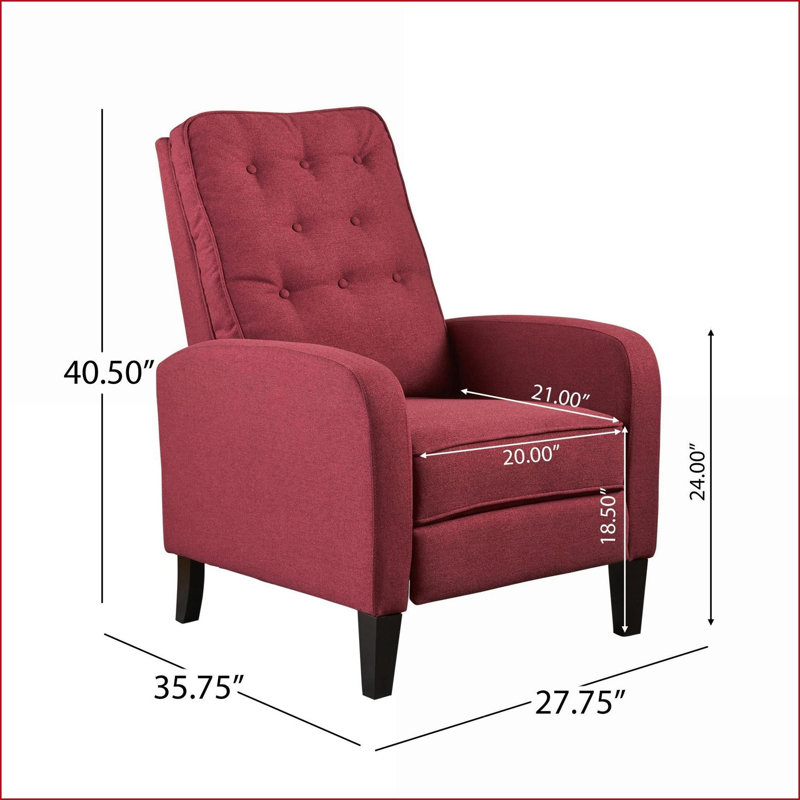 Fauteuils inclinables, fauteuil inclinable moderne en tissu capitonné avec revêtement rouge bourgogne & amp; Pieds en bois de bouleau | Largeur compacte de 30 po | Bourgogne rouge | Tissu