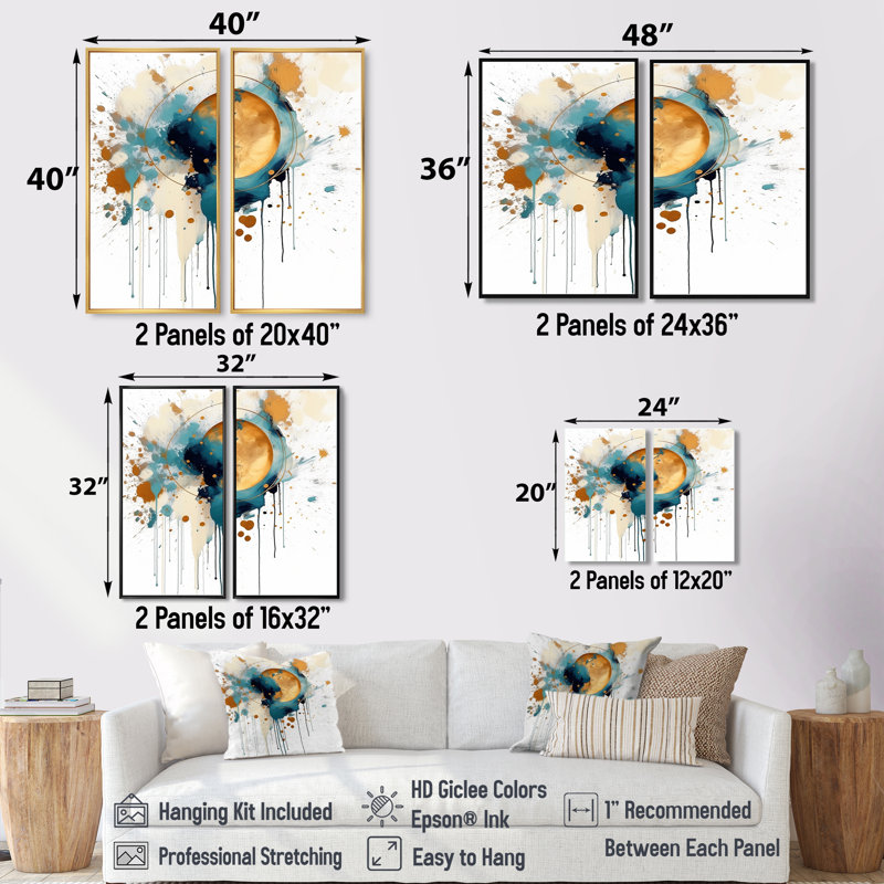 Teal Adn Gold Elegance I - Art mural bleu sarcelle 2 panneaux, Noir, noir, noir, noir, H 36 po x l 48 po
