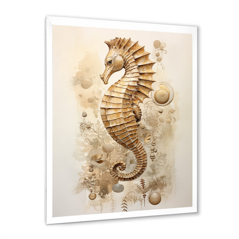 Hippocampe magique beige III sur toile, Cadre simple blanc, H 32 po x l 16 po x P 1 po