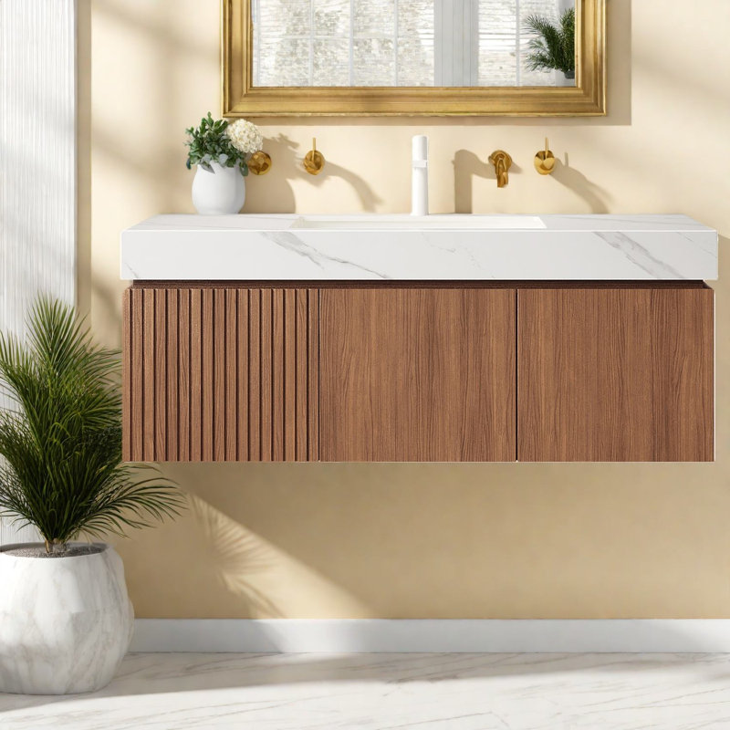 Ensemble de meuble-lavabo moderne avec rangement, fini chêne brun