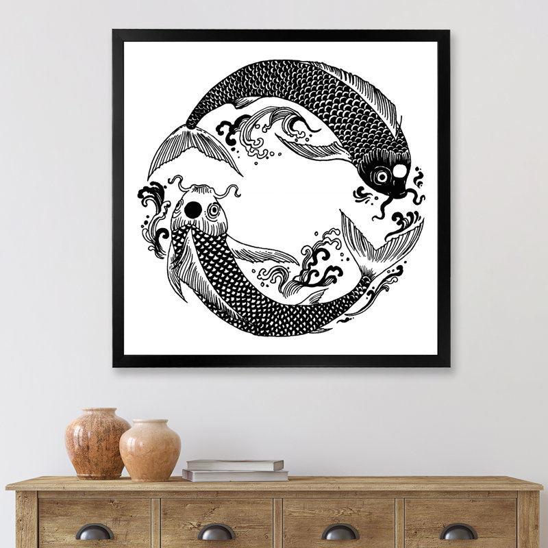 Poisson koi chinois dans un style chinois III - Impression sur toile, H 16 po x l 16 po x P 1 po, Cadre photo noir