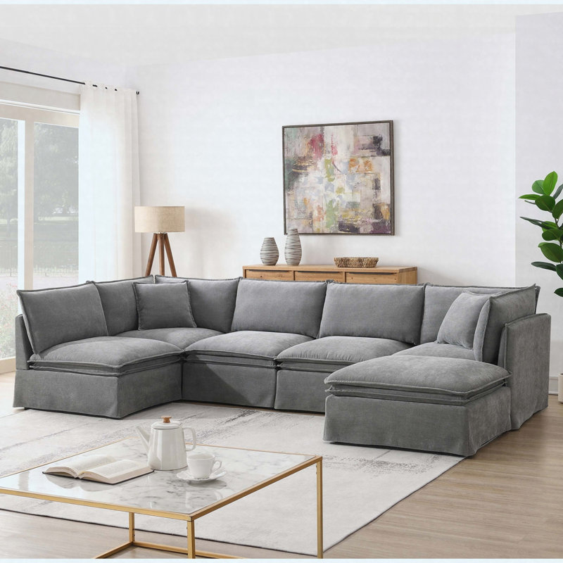 Canapé modulaire en chenille surdimensionné 125,5 po à 6 sièges avec repose-pieds mobile 125,5 po, Gris clair