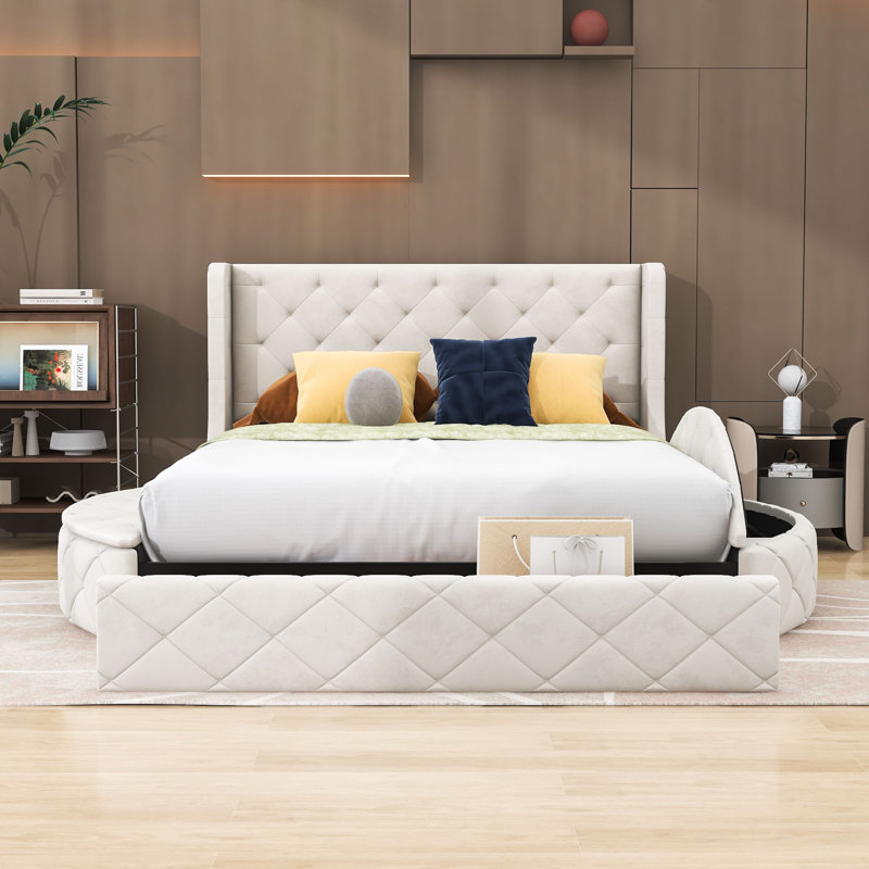 Grand lit plateforme tapissier avec tête de lit à oreilles et nombreuses options de rangement, Beige