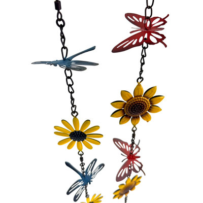 Rustic metal butterfly and dragonfly wind chime set of 2, yellow, blue and red, 43 inches wide