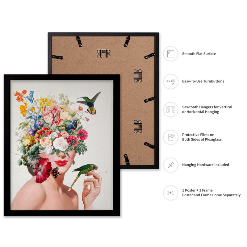 Femme et fleurs n ° 1, H 16 po x l 20 po, Affiche, Cadre noir