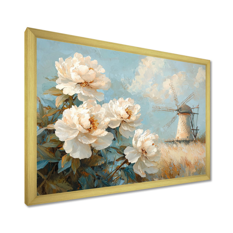 Dorleen pivoines et le moulin à vent I - pivoines, art mural pour le salon, Reproduction encadrée d'une seule photo, Doré