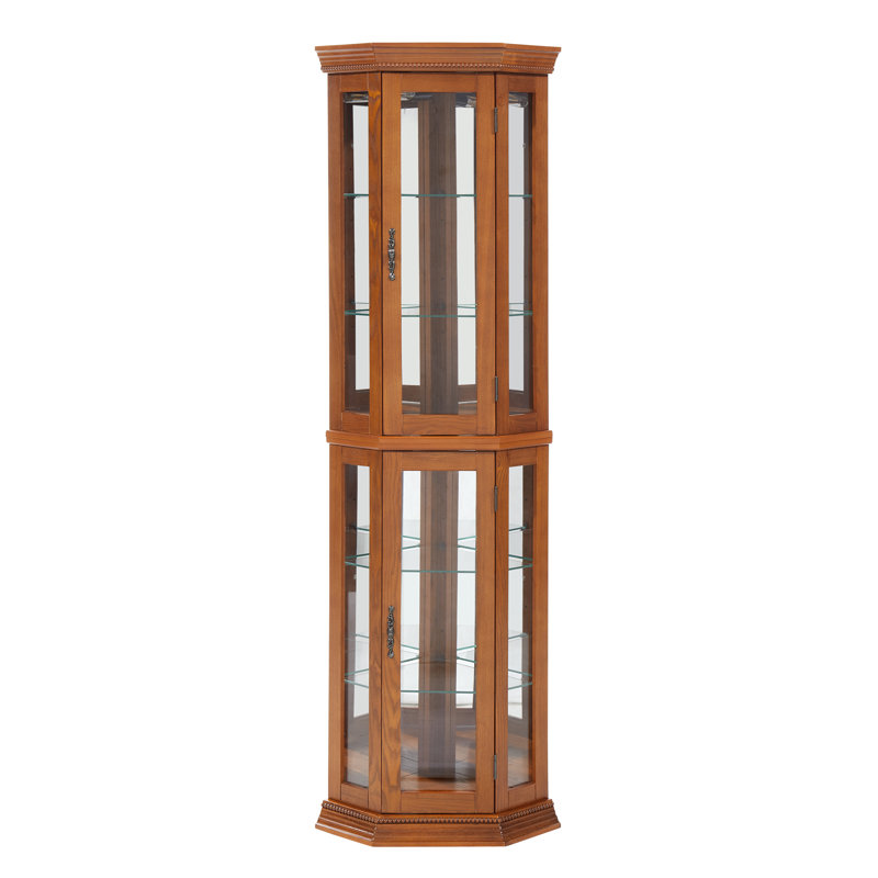 Présentoir de coin d'angle éclairé, étagère vitrée avec porte en verre trempé, armoire avec étagère réglable, Chêne