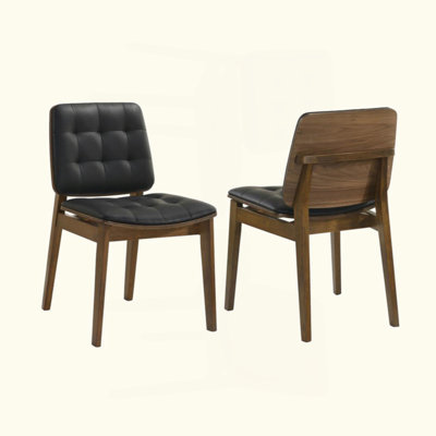 Set Of 2 Black Tufted Leatherette Upholstered Dining Chairs, Walnut