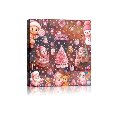 Pink Christmas Canvas Wall Art Decor 8X8,Pink Snowman Gingerbread Man Santa Claus Pinky Christmas Tree Decor For Living Room,Xmas Painting Artwork For Bedroom Bathroom Kid's Room Ready To Hang