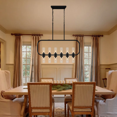 Lustre de cuisine rectangulaire à 12 lumières avec lustre linéaire noir et verre cylindrique pour îlot, ferme, salle à manger