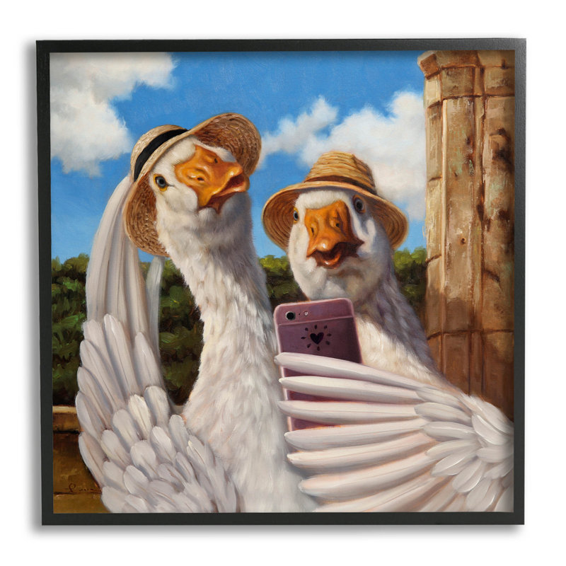 Goose Friends Selfie Scene, estampe numérique par Lucia Heffernan, H 12 po x l 12 po x P 1,5 po, Giclée encadrée noir minuit