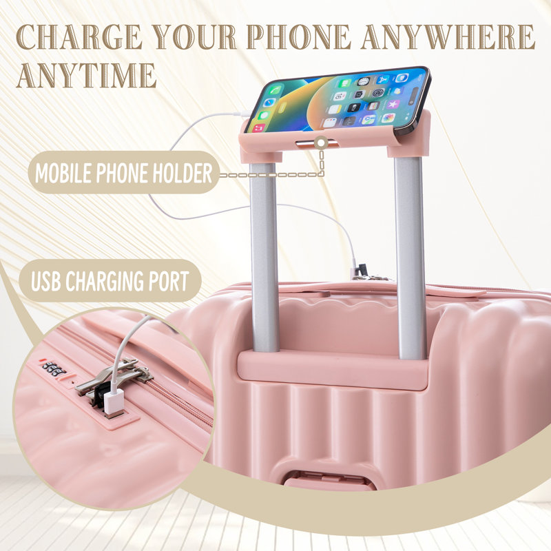 20 po / 24 po / 28 po 3 pièces / ensemble en valise à roulettes ABS, valise de transport, avec porte-gobelet et port USB et support pour téléphone (rose)