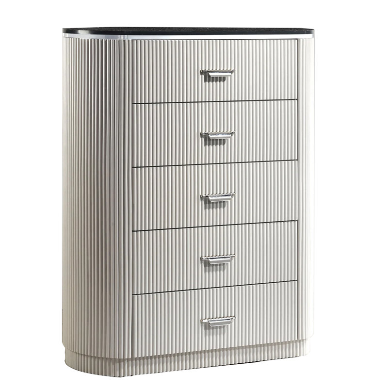 Grande commode Alda, 5 tiroirs, plateau en pierre noire, bois gris, argent