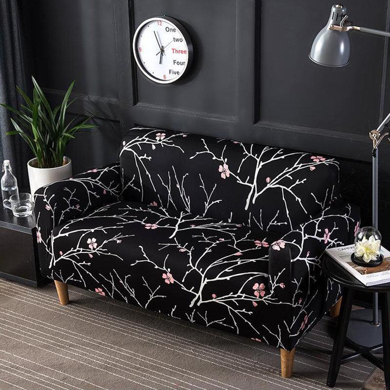 Housse pour canapé extensible 3 places, H 45 po x l 118 po x P 30 po, Mélange de polyester fleurs noires