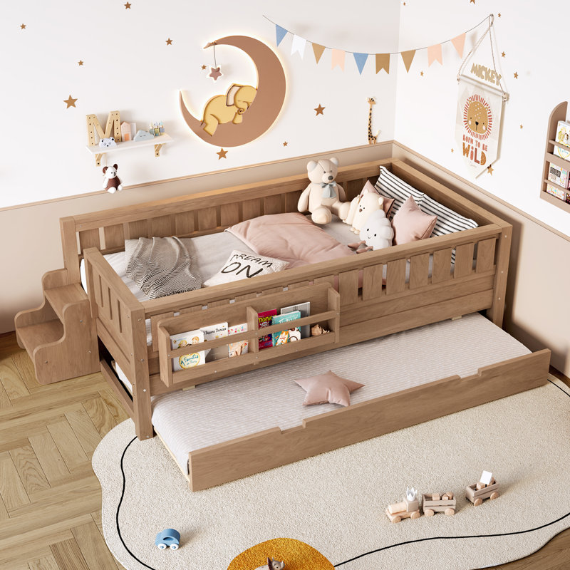Natural Twin Kids Trundle Bed with Bookshelves, Staircase and Safety Rails, Natural