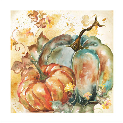 " Watercolor Harvest Teal And Orange Pumpkins II " by Tre Sorelle Studios Painting Print