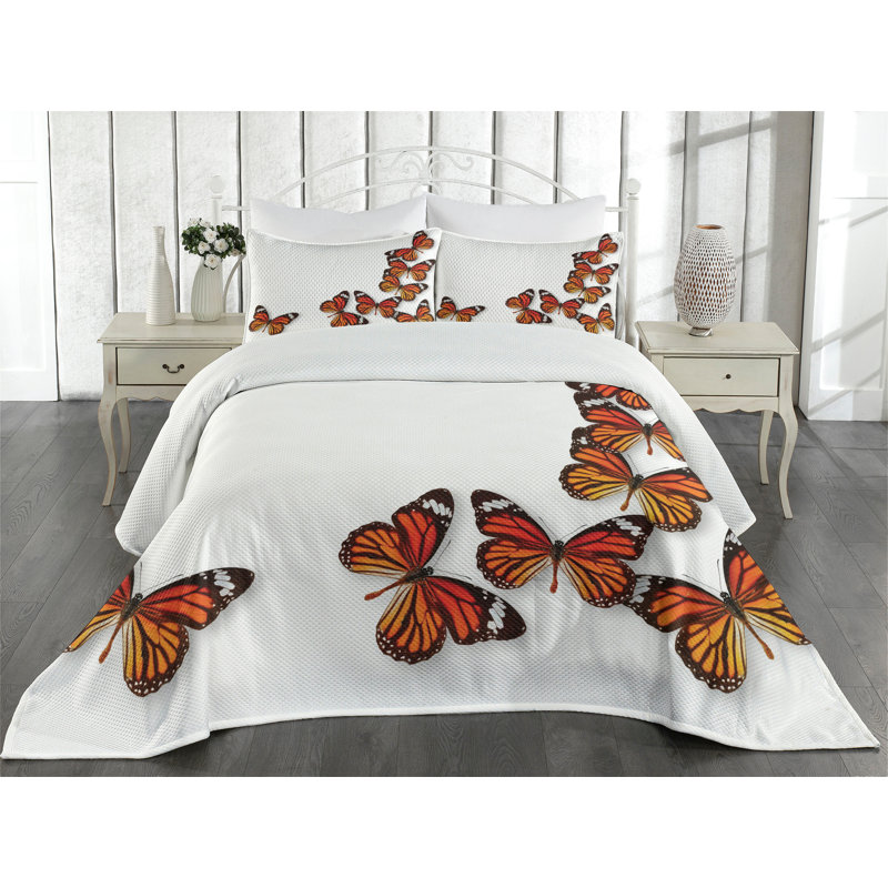 White Quilted Queen Bedspread Set with Butterfly Design