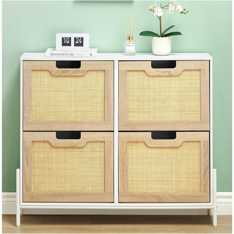 Modern Rattan Shoe Cabinet with 4 Flip Doors - 4-Tier Storage Organizer for Entryway, Hallway & Living Room