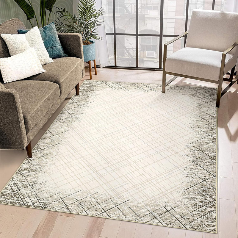 Washable Area Rug, Non Slip Low Pile Pearl Velvet Abstract Carpet, Modern Rug for Living Room Bedroom, Rectangle 9' x 12'