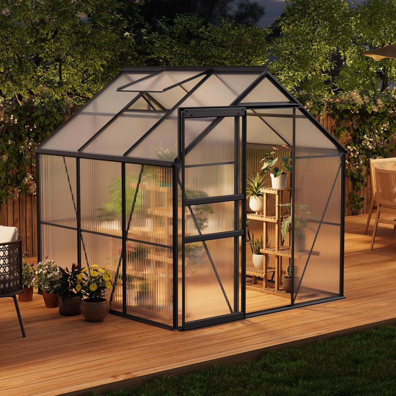 6x6 Ft Outdoor Polycarbonate Greenhouse with Durable Aluminum Frame, Sliding Door and Adjustable Roof Vent for Backyard Gardens