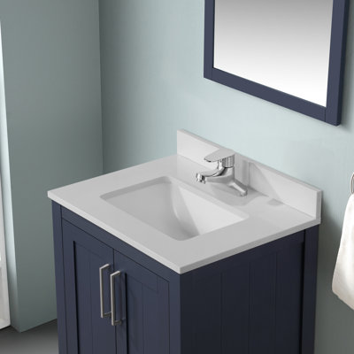 Meuble-lavabo simple Kansas de 61 cm (24 po) en bleu nuit, comptoir en pierre reconstituée blanc tourterelle, quincaillerie en nickel brossé