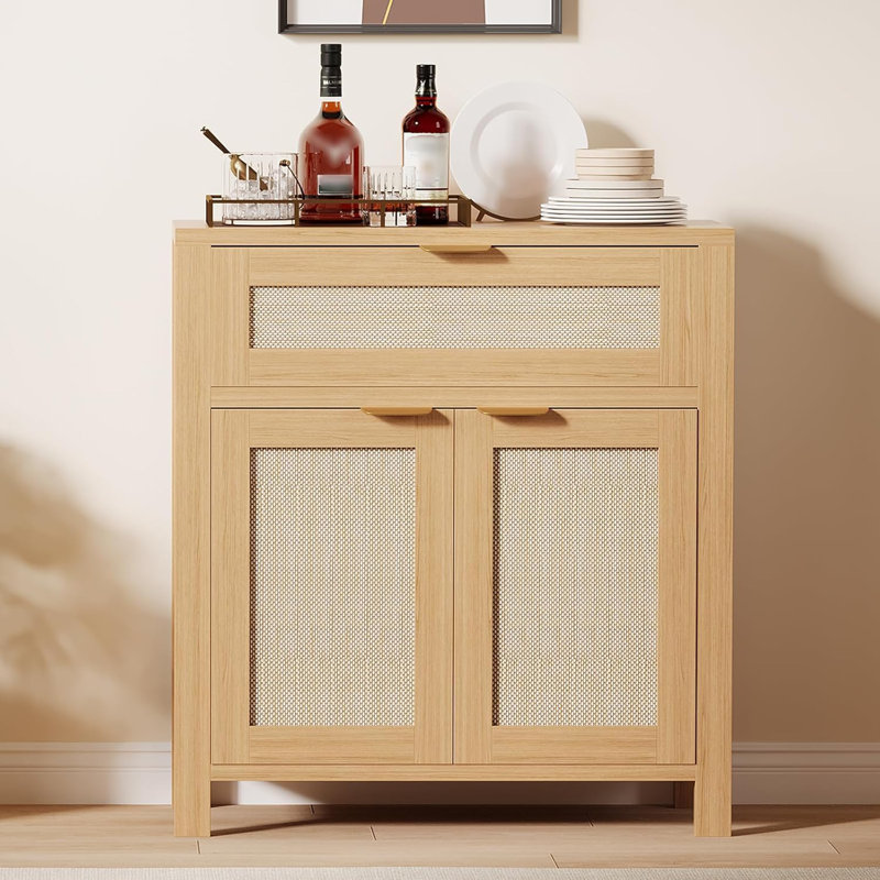 Rattan Sideboard Buffet Cabinet, Modern Farmhouses Storage Cabinet with Drawer & 2 Doors, Narrow Coffee Bar Buffet Cabinet for Kitchen Dining Room & Living Room, Light Oak