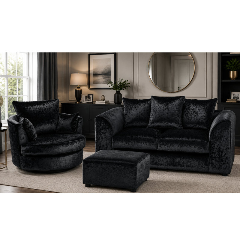 3 Piece Velvet Standard Living Room Set, Black