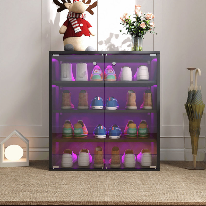 Glass Wood Shoe Storage Cabinet With Glass Door - RGB LED Light Box, Wooden Stackable Bin Display Case