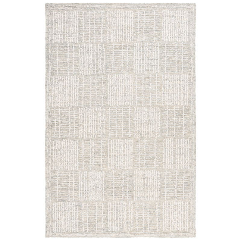 Tapis géométrique en coton touffeté à la main à motif abstrait ivoire / gris Wigbrecht, Rectangle 2 pi 3 po x 5 pi