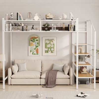 Lit mezzanine simple en métal avec tablette de rangement sur la grille supérieure et échelle de rangement latérale, blanc, lit mezzanine pour adolescent