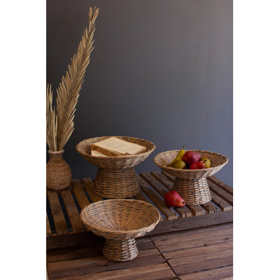  Handcrafted Wicker Compotes – 8" Tall - Set of 3 Decorative Bowls