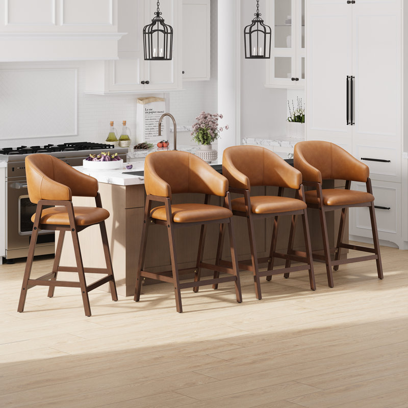 Upholstered Solid Wood Bar Stool Counter Stool, 4, Brown