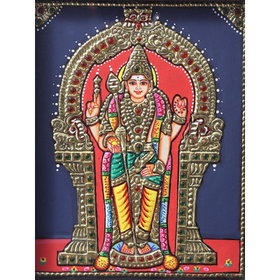 Lord debout Murugan avec Kirtimukha Prabhavali | Peinture de Tanjore avec cadre en bois de teck