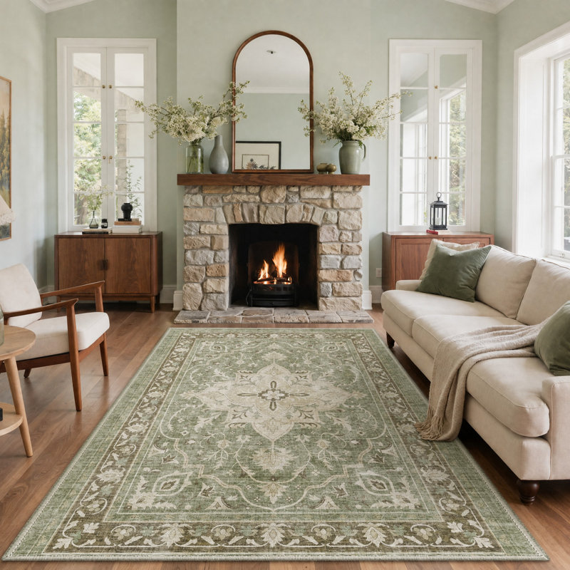 Tapis floral intérieur vert / brun Seraphina, lavable à la machine, avec envers antidérapant, Rond 5 pi