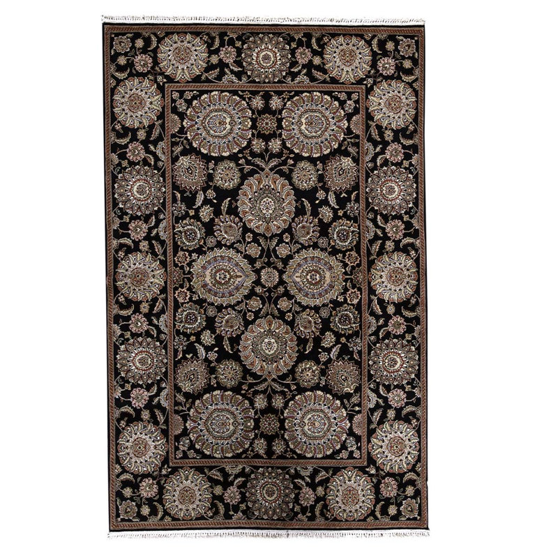 Tapis noir / beige / brun noué à la main de haute qualité et unique