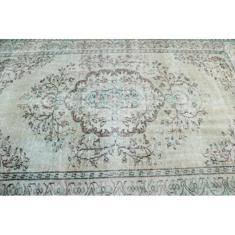 Tapis turc rétro tissé à la main de style Oushak dans un design kurde vert pour la décoration de salon