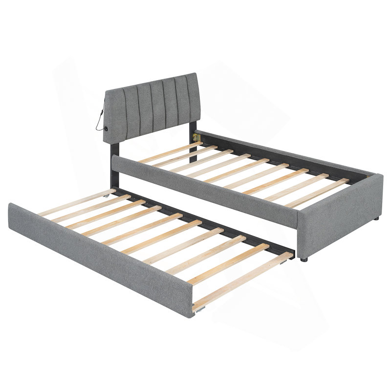 Lit plateforme rembourré en molleton avec lit gigogne et éclairage à DEL intelligent Teddy, Gris