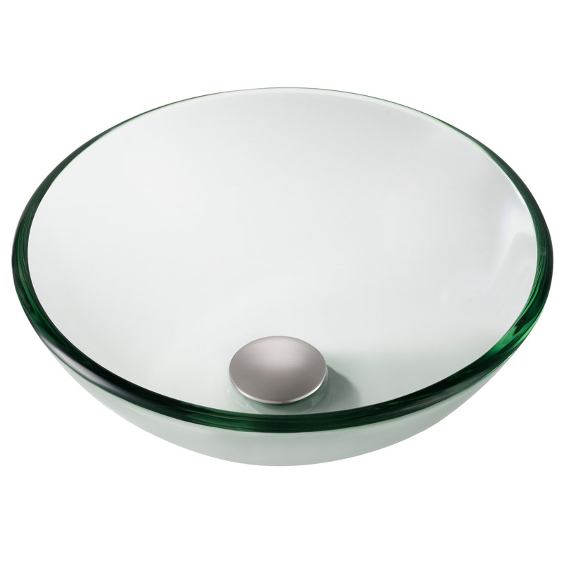 Kraus 14 Inch Clear Glass Vessel Sink in Clear with Pop-Up Drain, Satin Nickel