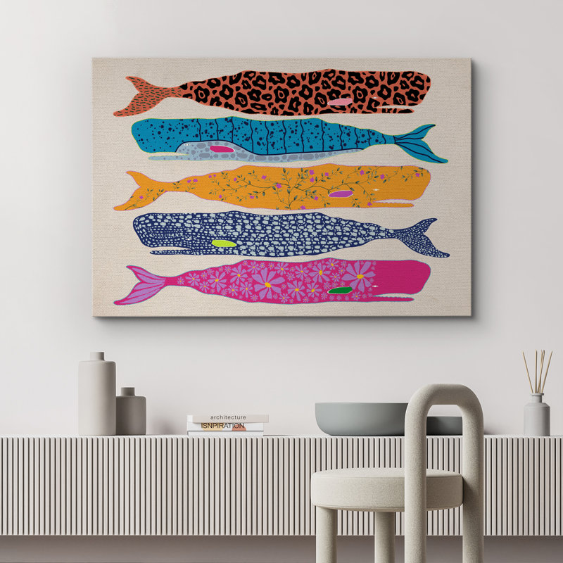 Impression sur toile de baleines à motifs colorés - décor animal moderne et ludique pour la chambre de bébé ou la salle de bain