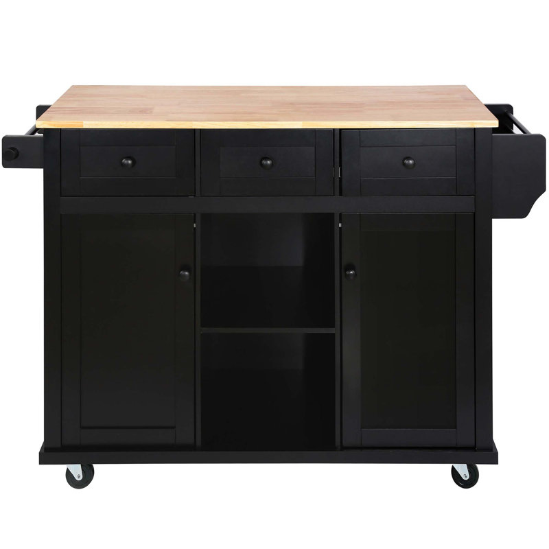 Kitchen Cart with Rubber wood Drop-Leaf Countertop ,Cabinet door internal storage racks,Kitchen Island on 5 Wheels with Storage Cabinet and 3 Drawers for Dinning Room