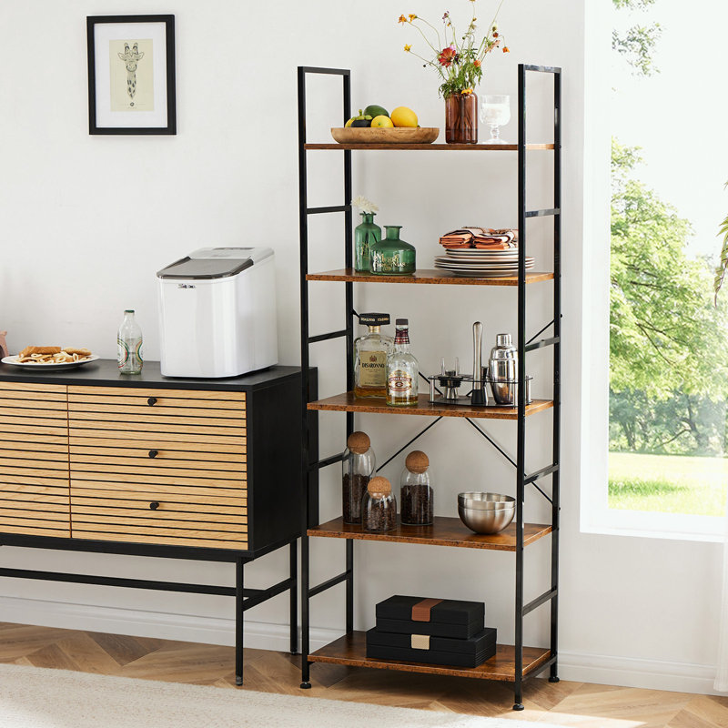 Metal Frame Bookcase with 5 Tier Open Bookshelf, Brown