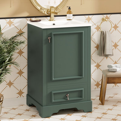 Meuble-lavabo compact autoportant de 20 pouces avec lavabo en céramique, portes et tiroirs à fermeture en douceur