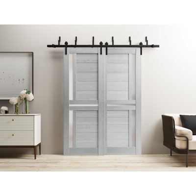 Sliding Closet Barn Bypass Doors | Veregio 7288 Light Gray Oak With Frosted Glass | Sturdy 6.6Ft Rails Hardware Set | Wood Solid Bedroom Wardrobe Doors