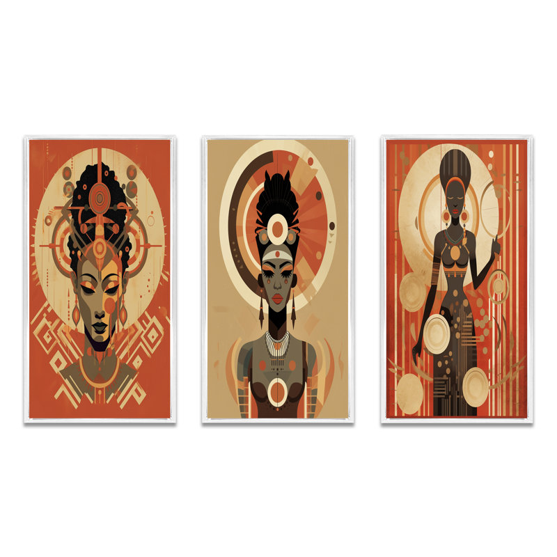 "Déesse africaine graphique rétro dans les tons de terre II", 3 pièces sur toile, Cadre flottant blanc, H 40 po x l 60 po