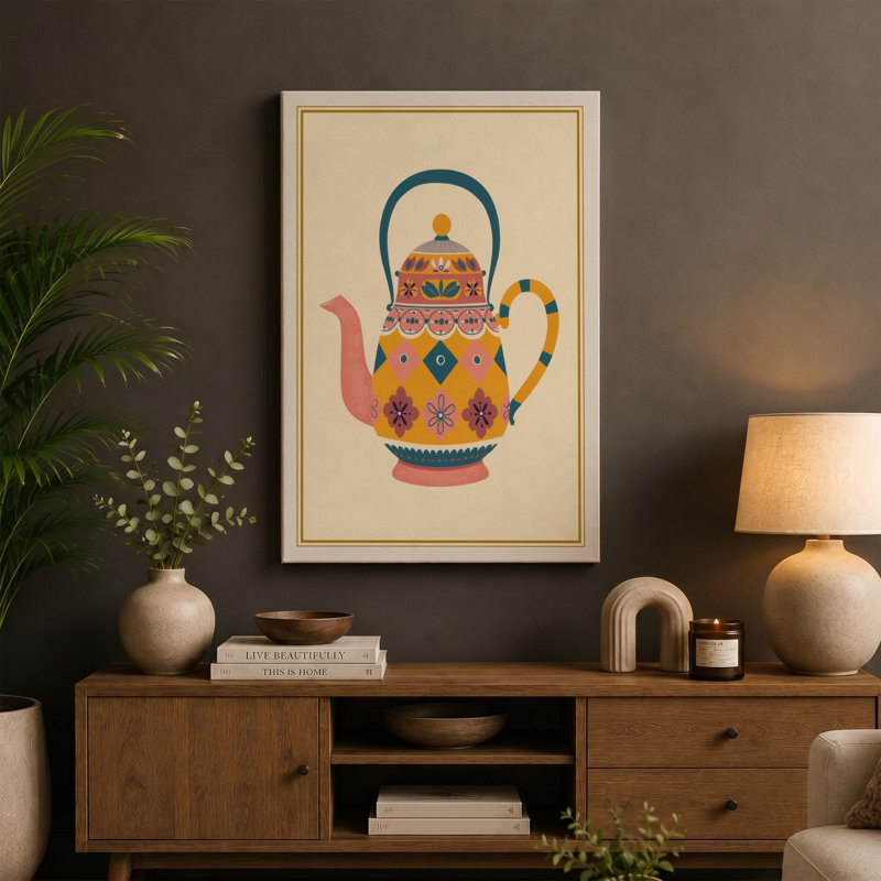 Folk Art Teapot Eclectic - Wrapped Canvas, Terracotta Border, 30x20 - 76.2 x 50.8 cm