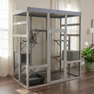Gray Wooden Waterproof Top Catio – Spacious Secure Pet Enclosure Cage with 2 Napping Boxes for Cats & Small Animals