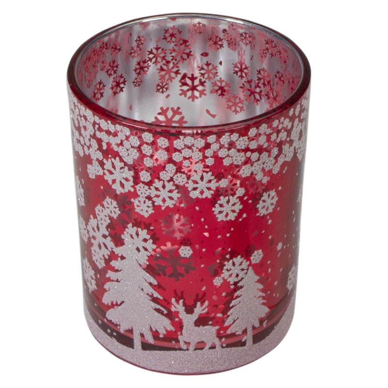 Porte-bougie sans flamme 5 po cerf rouge et argent dans les bois d'hiver