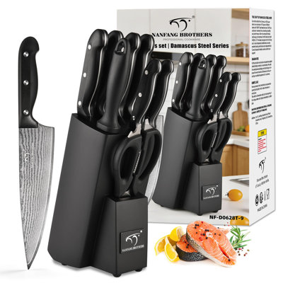 9-Piece Japanese Damascus Kitchen Knife Set with Block