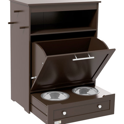 Brown Pet Supply Cabinet - Features Raised Dog Bowls For Easy Feeding And Organization Feeder With Storage, A Neat Area
