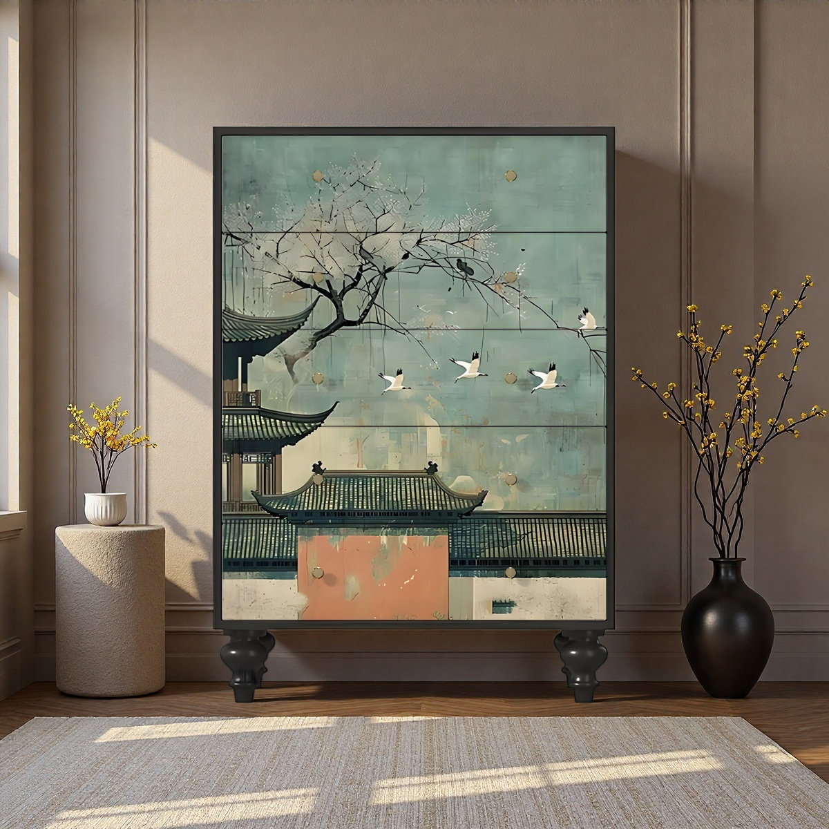 Bloomsbury Market Chinese Style Pavilion Crane Wood 5-Drawer Cabinet | Wayfair